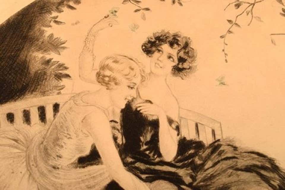 Charles Dana Gibson, American Illustrator, Two Ladies And A Dog photo for sale