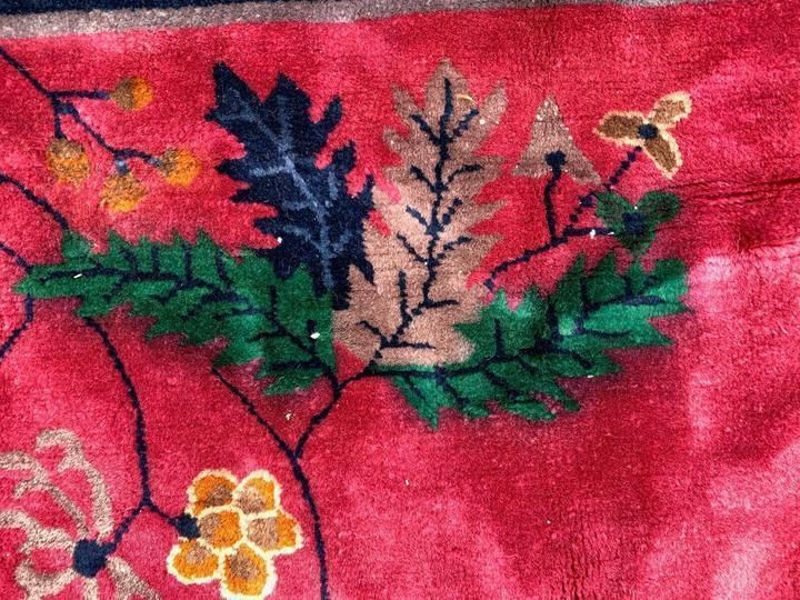Large Chinese Art Deco Carpet, 290x245 Cm, 1920s Wool, Handmade, Pink Blue Rug photo vintage