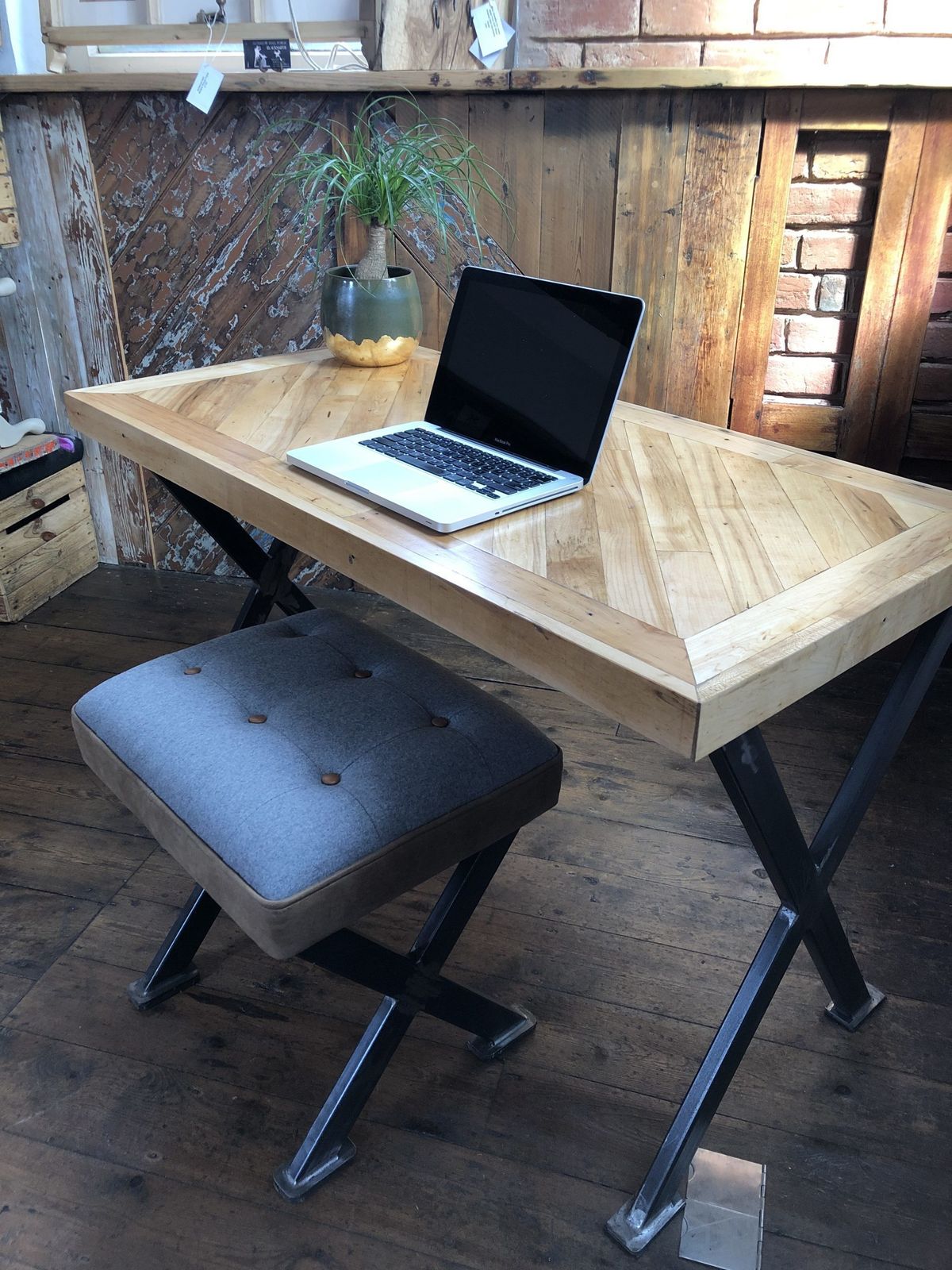 Desk / Workstation Made From Reclaimed Maple Flooring With Industrial Cross Leg Frame