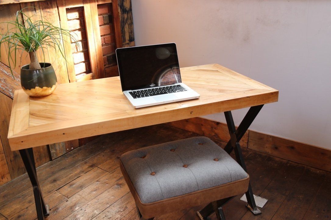 Desk / Workstation Made From Reclaimed Maple Flooring With Industrial Cross Leg Frame photo Furniture
