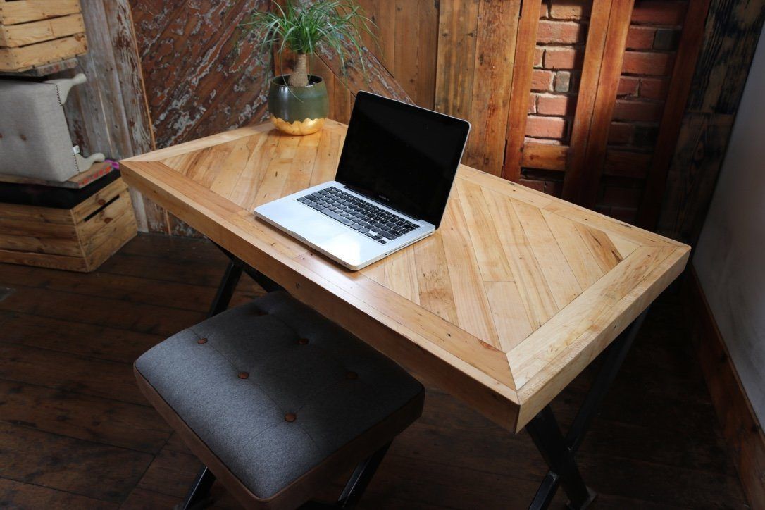 Desk / Workstation Made From Reclaimed Maple Flooring With Industrial Cross Leg Frame photo 595.0