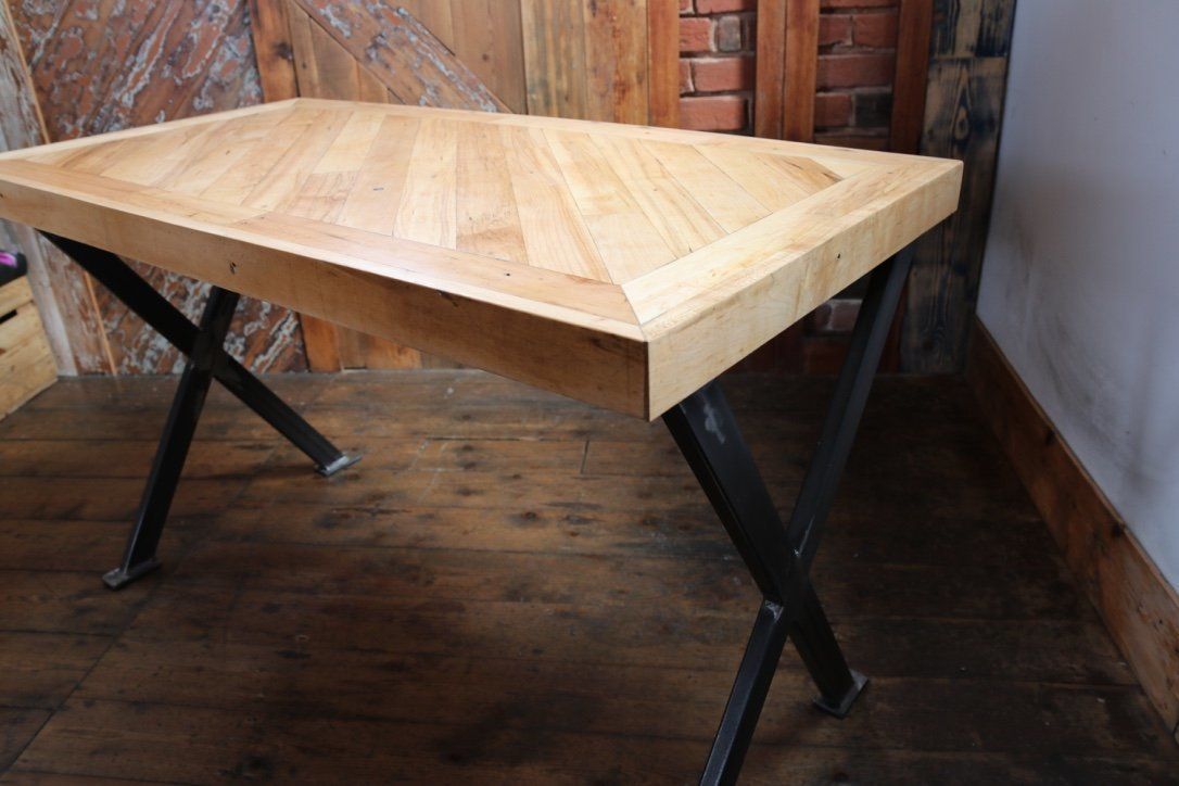 Desk / Workstation Made From Reclaimed Maple Flooring With Industrial Cross Leg Frame photo vintage