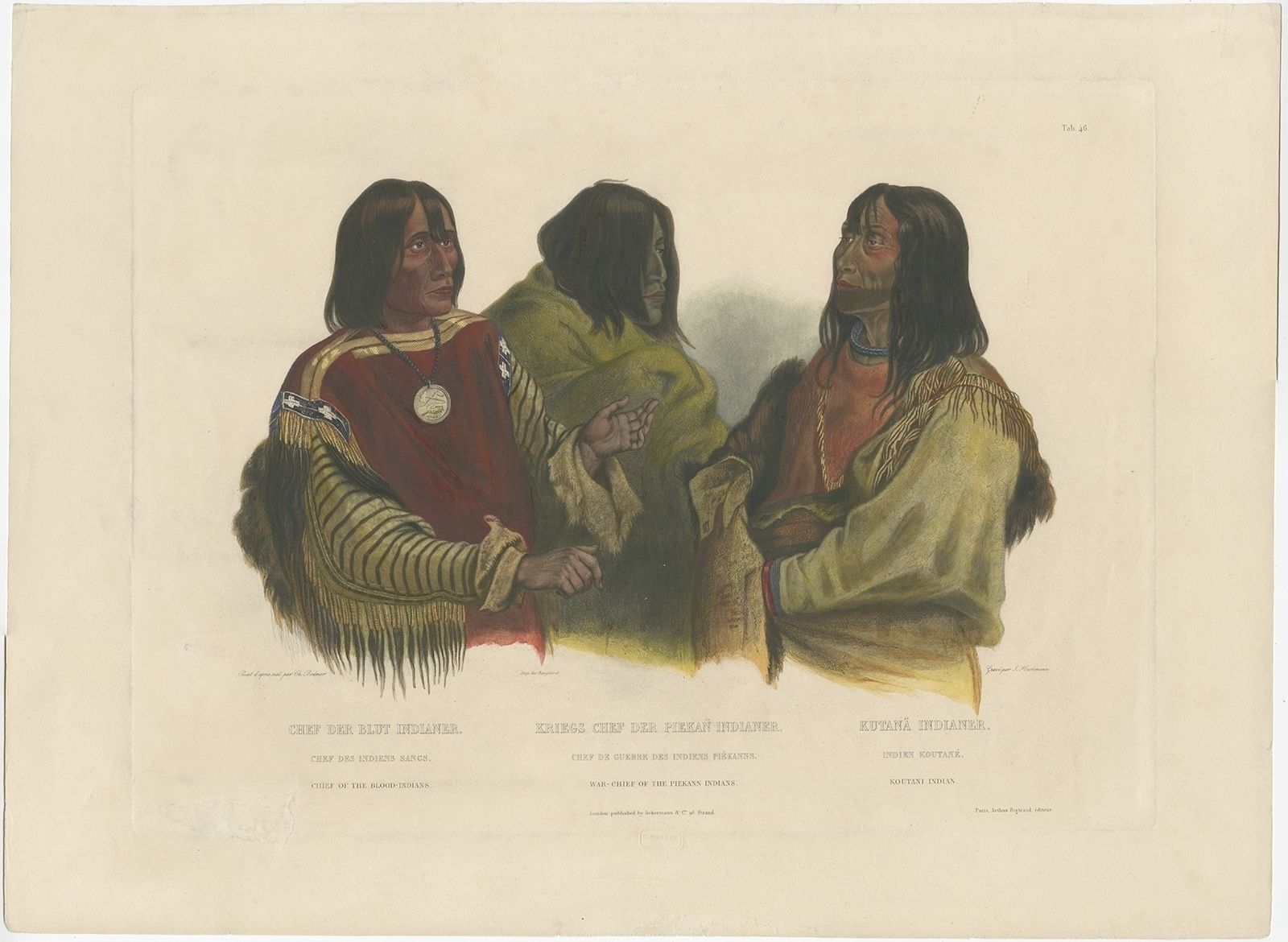 Antique Print Of Two Blackfoot Chiefs And A Kutenai Leader (C.1840)