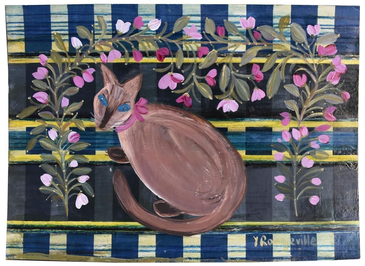 The Cat On The Wisteria Gouache Tablecloth Signed Y Rougeville