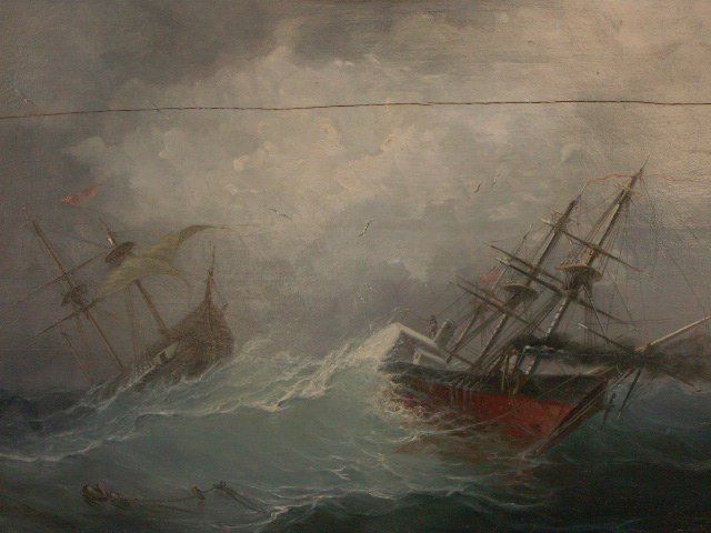 Boat In Marine Storm In Oil On Panel By Julien (81,5x51) photo for sale