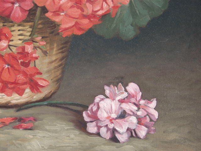 Oil On Canvas Signed A Dorez Representing A Basket Of Geranium photo Art