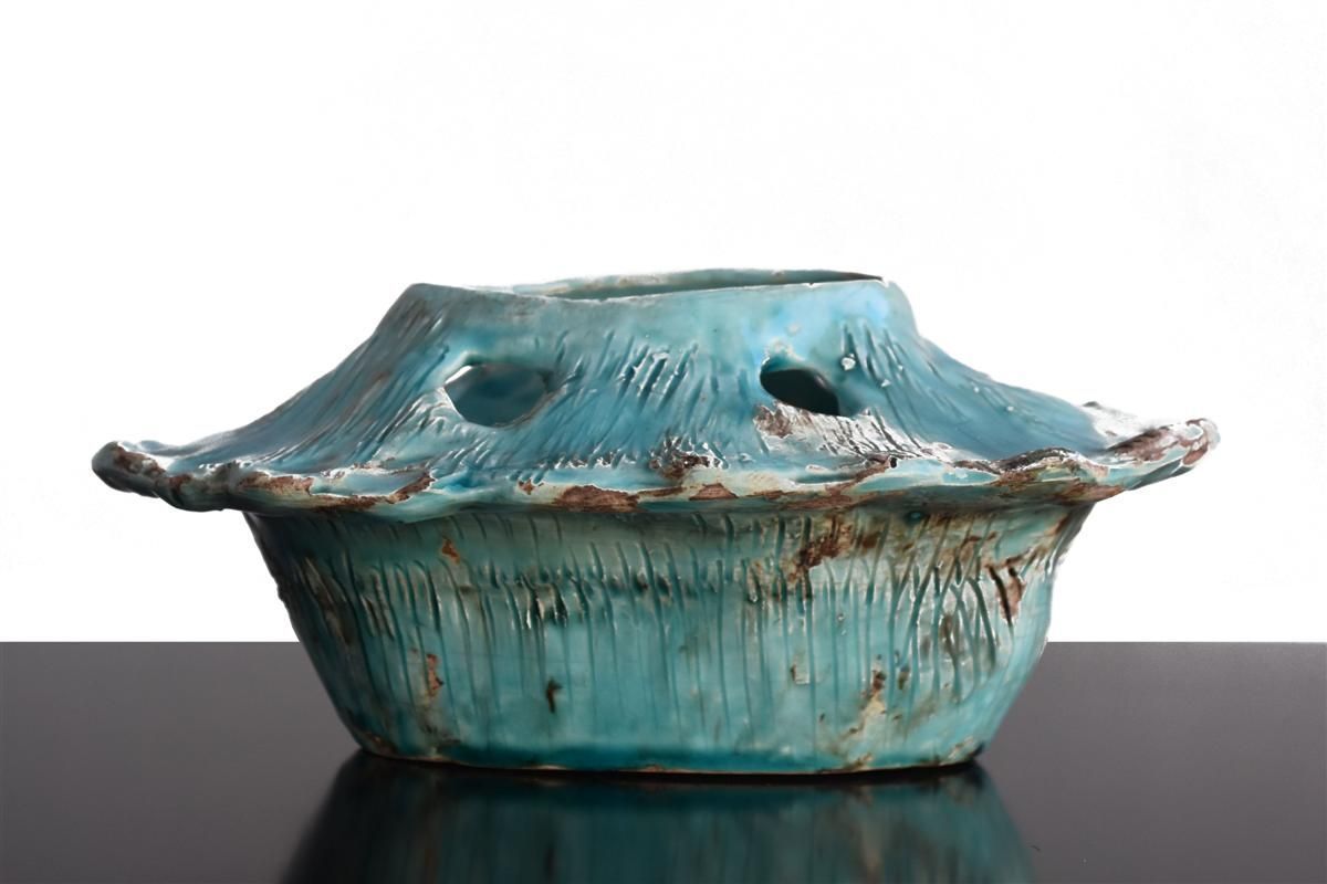 1940s Blue Glazed Ceramic Flowerpot