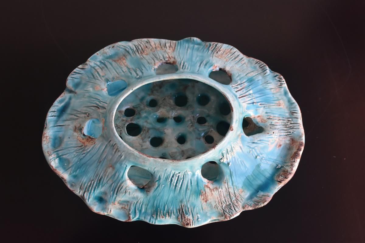 1940s Blue Glazed Ceramic Flowerpot photo for sale
