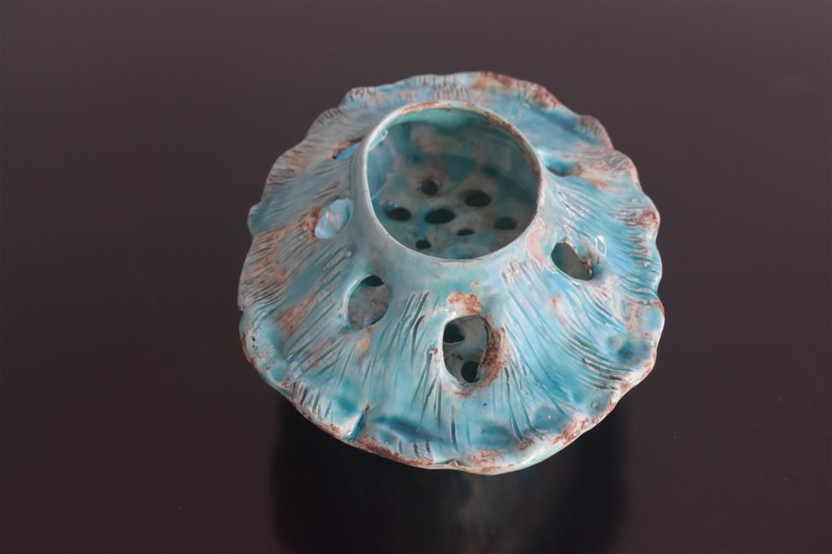 1940s Blue Glazed Ceramic Flowerpot photo Home Decor