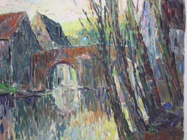 Bridge Over Water Oil On Canvas Signed Kiraval X Xth Oil Painting On Canvas Signed Kiraval X Xth 5 Probably 40/50 Years Representing A Landscape Of Dimen photo vinterior