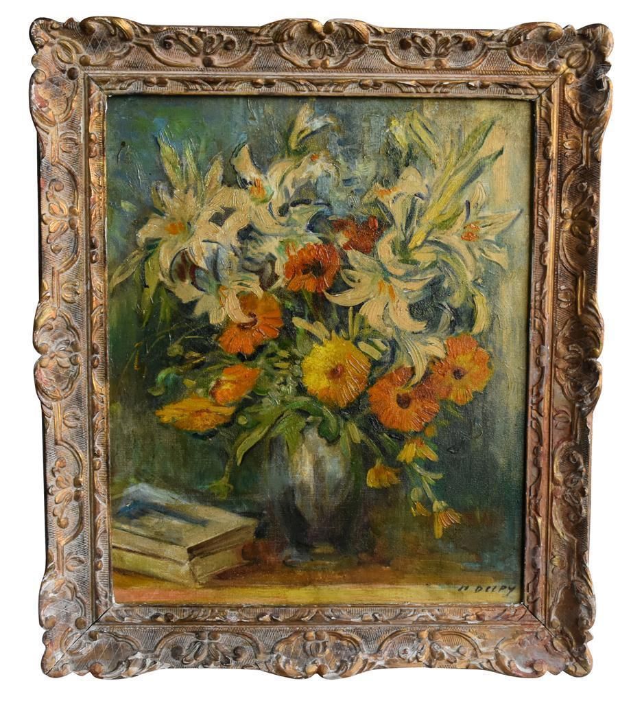 Still Life With Lily And Orange Flowers Signed Delpy Dated 1956