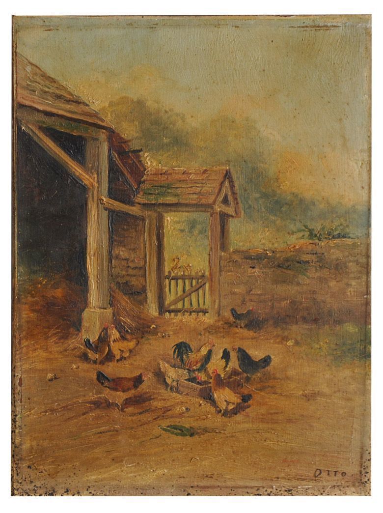 Pastoral Painting With Hens French School Xi Xth Signed Otto