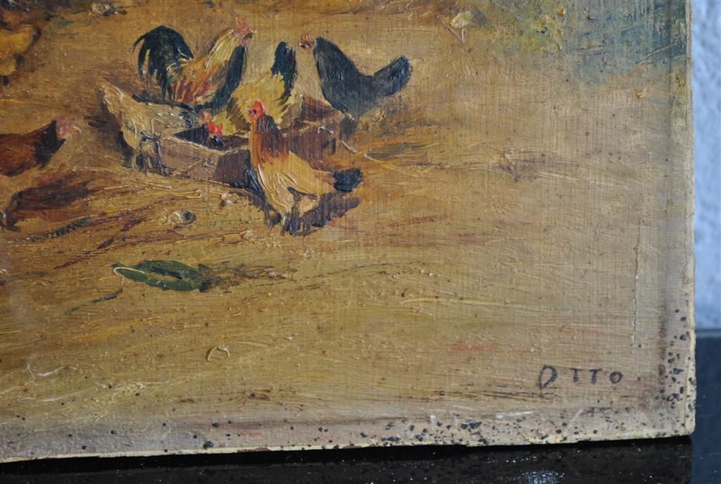 Pastoral Painting With Hens French School Xi Xth Signed Otto photo for sale