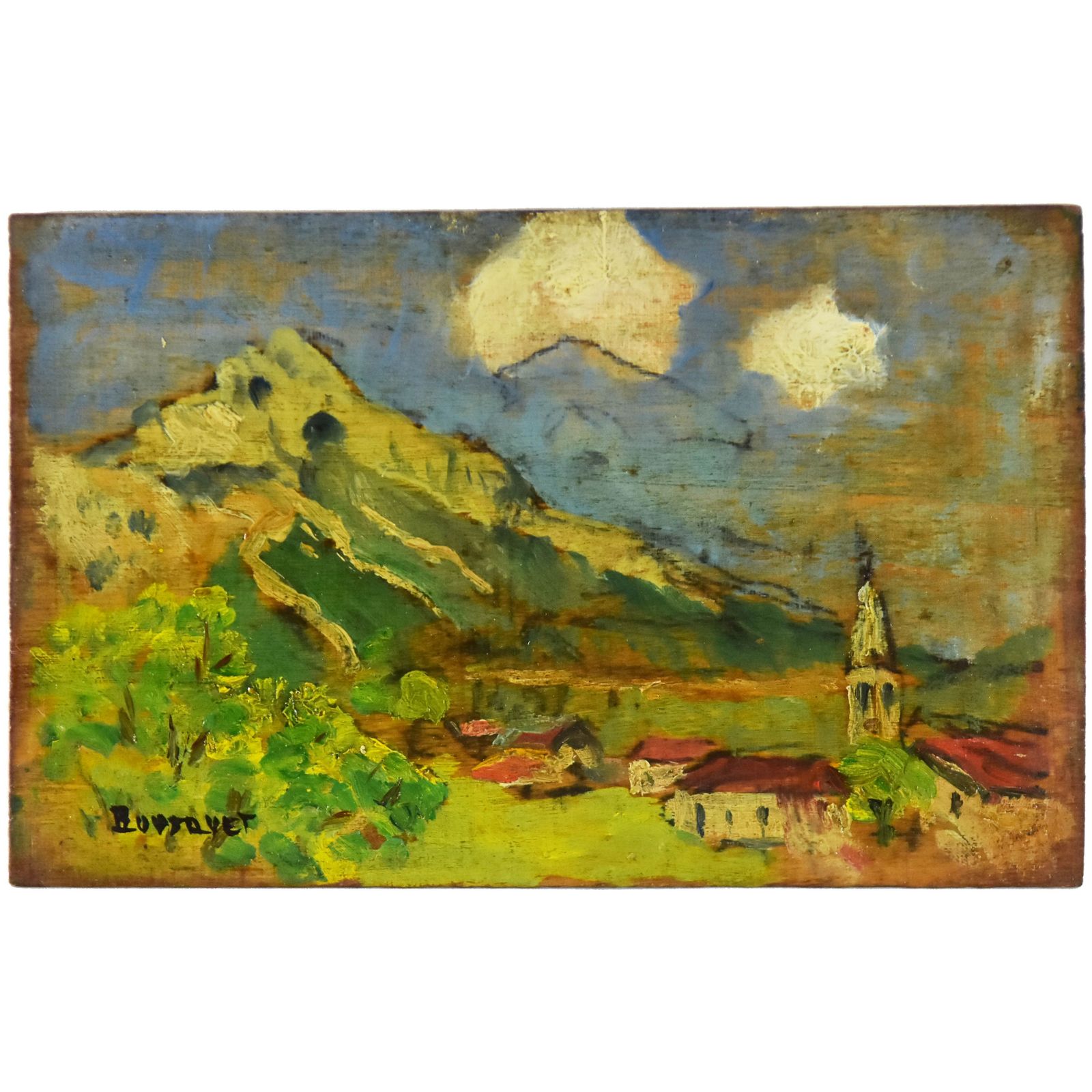 View Of Mountain Village And Its Bell Tower "French School Charles Bousquet