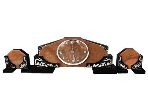 Art Deco 1930 Mantel Clock In Onyx And Sanded Marble