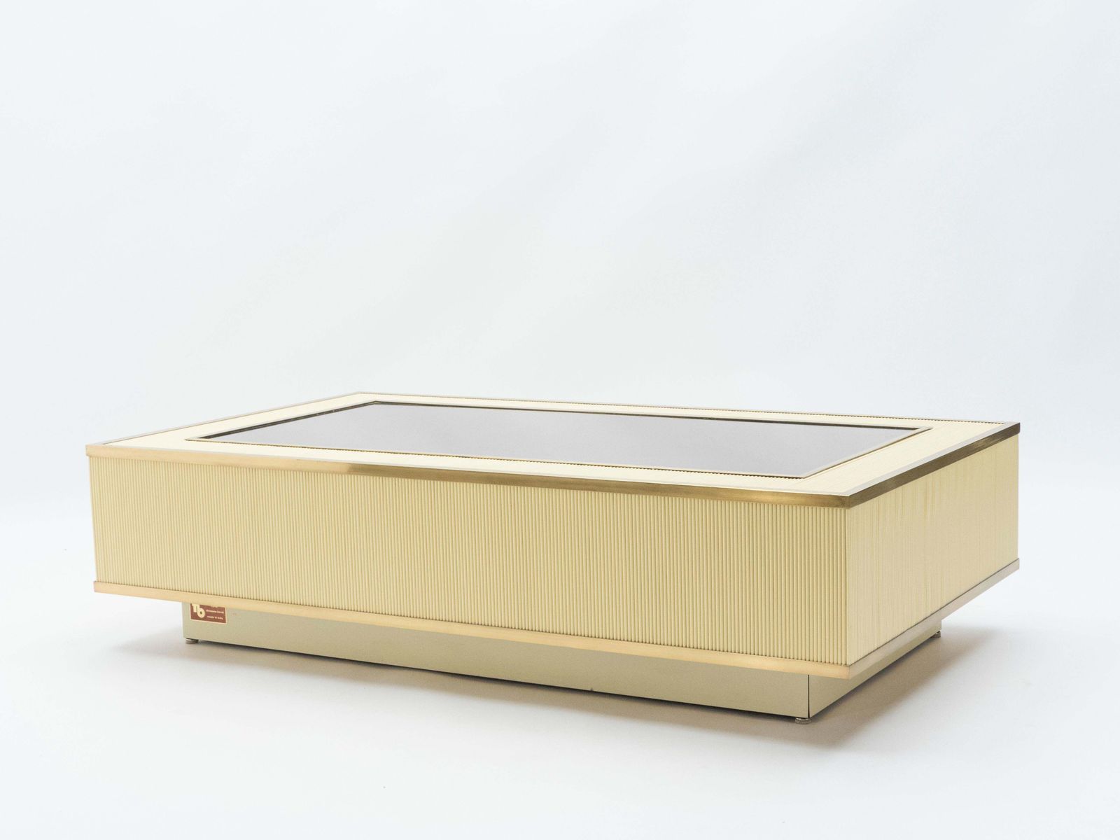 Table basse italienne Tommaso Barbi en faux bambou et laiton, plateau en miroir, années 1970 photo vinterior