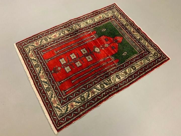 Distressed Turkish Rug 117x88 Cm Vintage Shabby, Wool Tribal Red, Green Small photo for sale