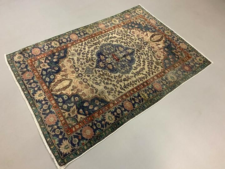Distressed Turkish Rug 179x120 Cm Wool Shabby Chic Tribal Blue, Beige photo for sale