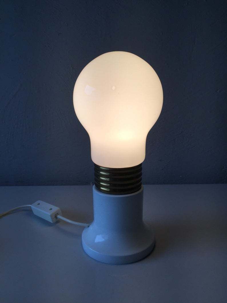 Pure Beauty 70s Milk Glass Bulb Table Lamp   White Metal And Brass Body   Made In Italy photo furniture
