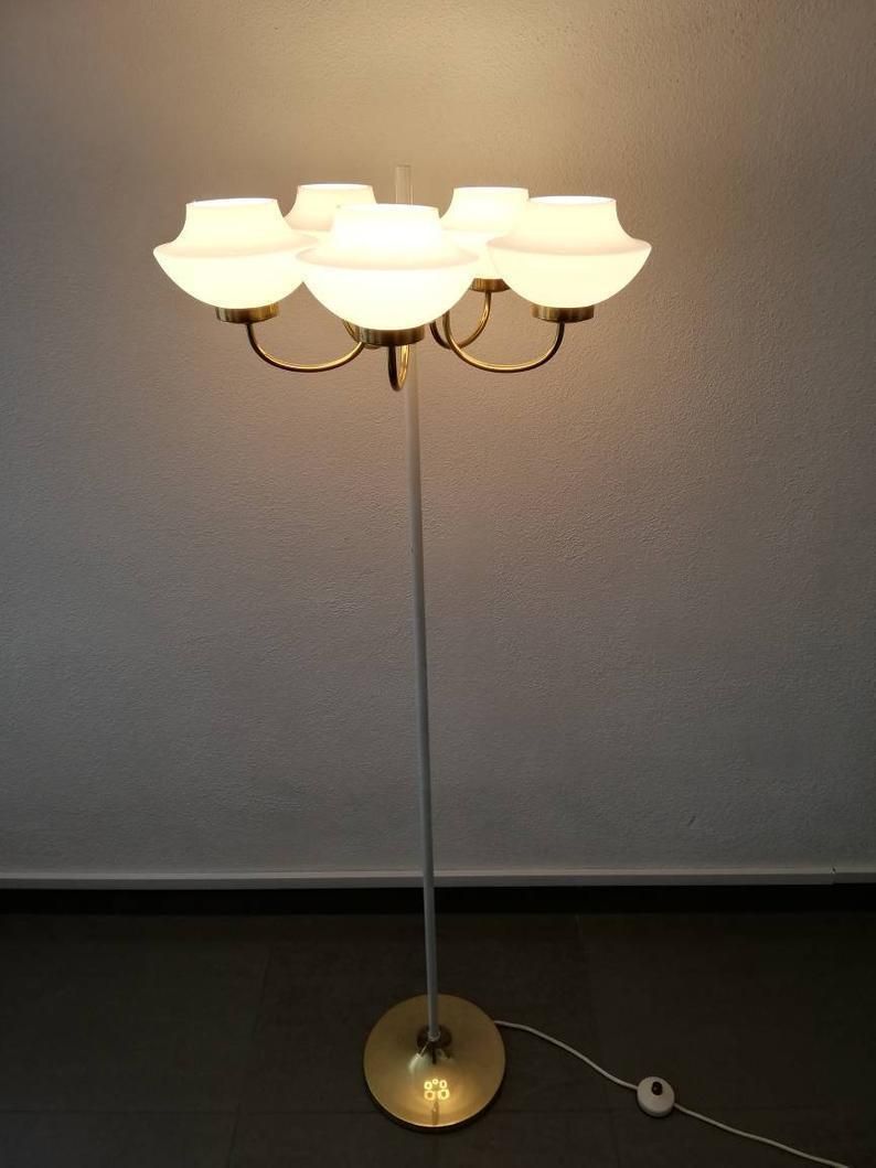 Extraordinary Italian 5 Arms Floor Lamp   Brass And Metal Body   Opal Glasses   Mid Century Modern   50s Home Lighting   3 Step Lighting photo buy