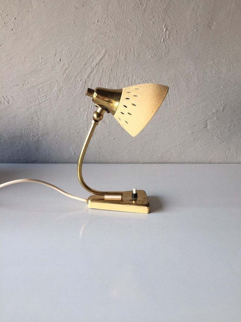 Mid Century Modern Night Lamp   Beige Metallic Crinkle Paint   Brass Neck And Top   One Bedside Lamp   50s Germany