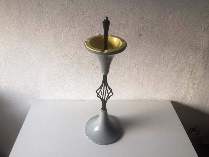 Stilnovo Era Fabulous Self Standing Ashtray   Grey And Black Metal Body With Yellow Porcelain Ashtray   1950s Italy photo furniture