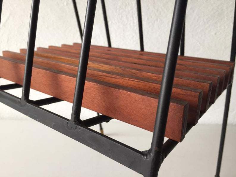 Mid Century Italian Magazine Stand With Handle   Black Metal & Wooden Body   1950s Italy photo buy