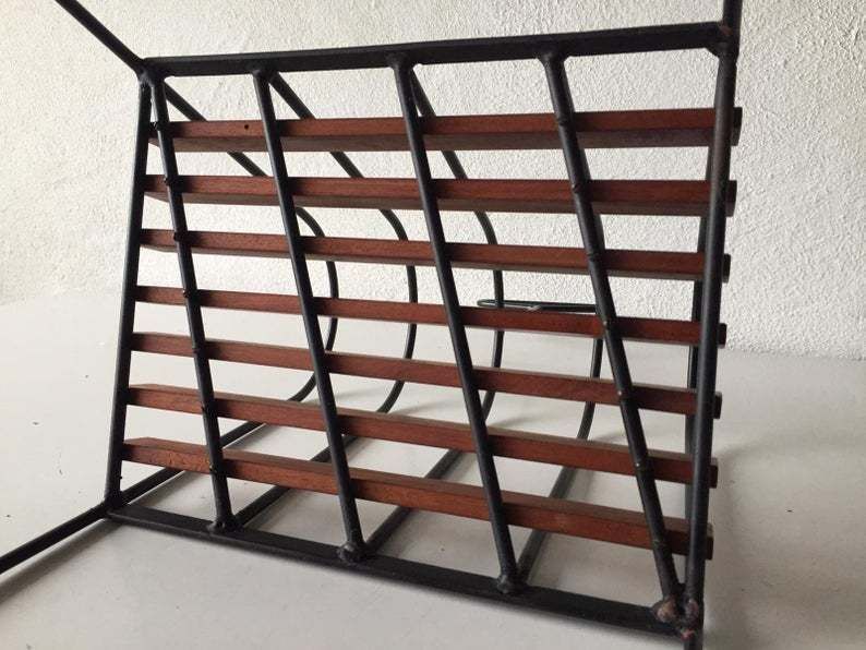 Mid Century Italian Magazine Stand With Handle   Black Metal & Wooden Body   1950s Italy photo vintage