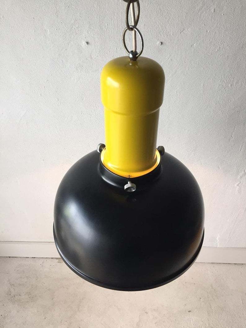 Brilliant Black & Yellow Metal Industrial Pendant Lamp   1950s photo vintage