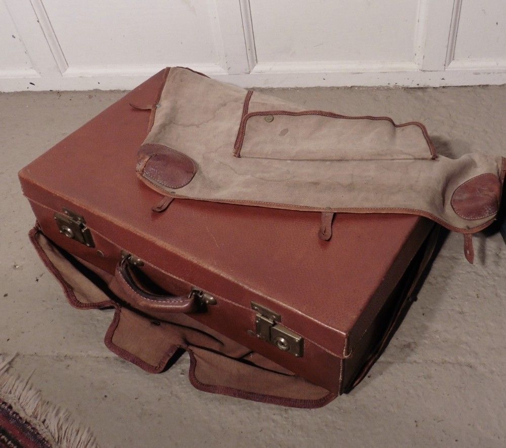 French Art Deco Leather Suit Case With Original Canvas Cover