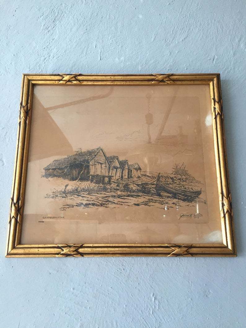 30s Pencil Drawing Danish Art Painting   Antique Illustration   Signed By Artist   Gammel Naustan Seaside Panorama photo for sale
