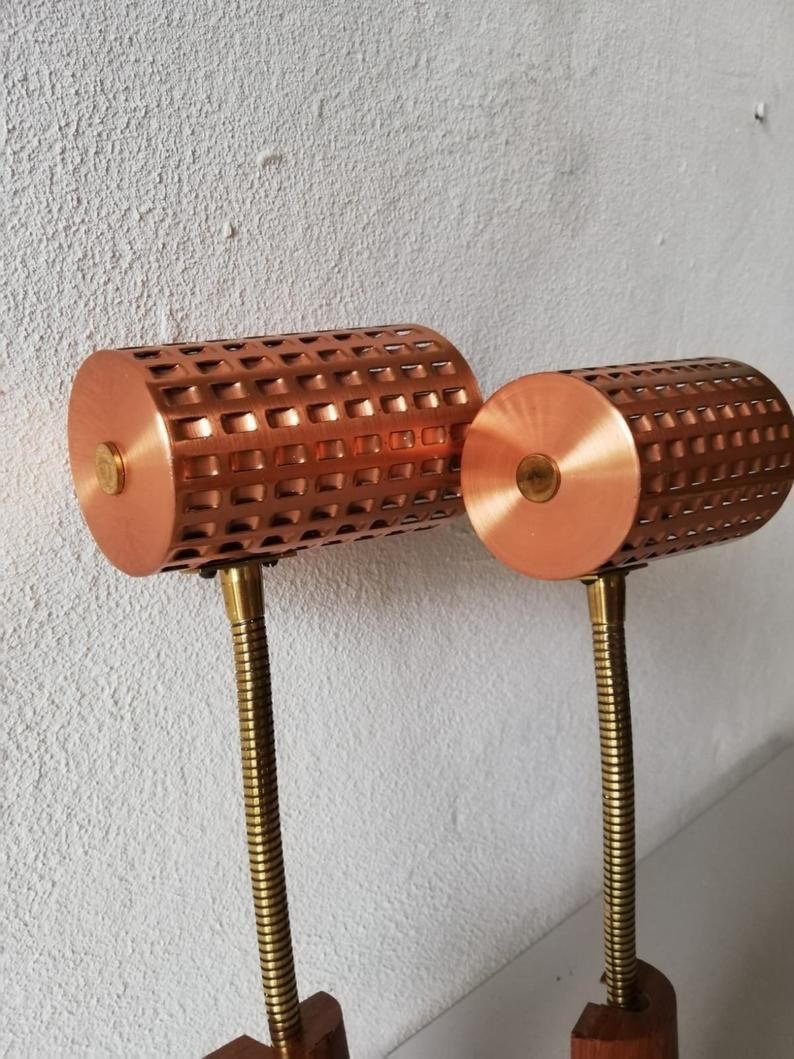 Mid Century Copper & Teak Pair Of Sconces   Scandinavia 1950s photo Lighting
