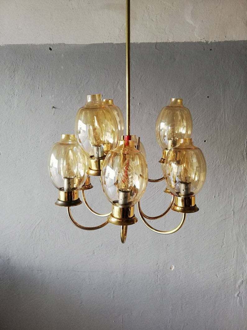 Magnificent Full Brass Body 9 Armed Chandelier   Glass Lampshades   Red Plastic Details   Mid Century Modern   Germany