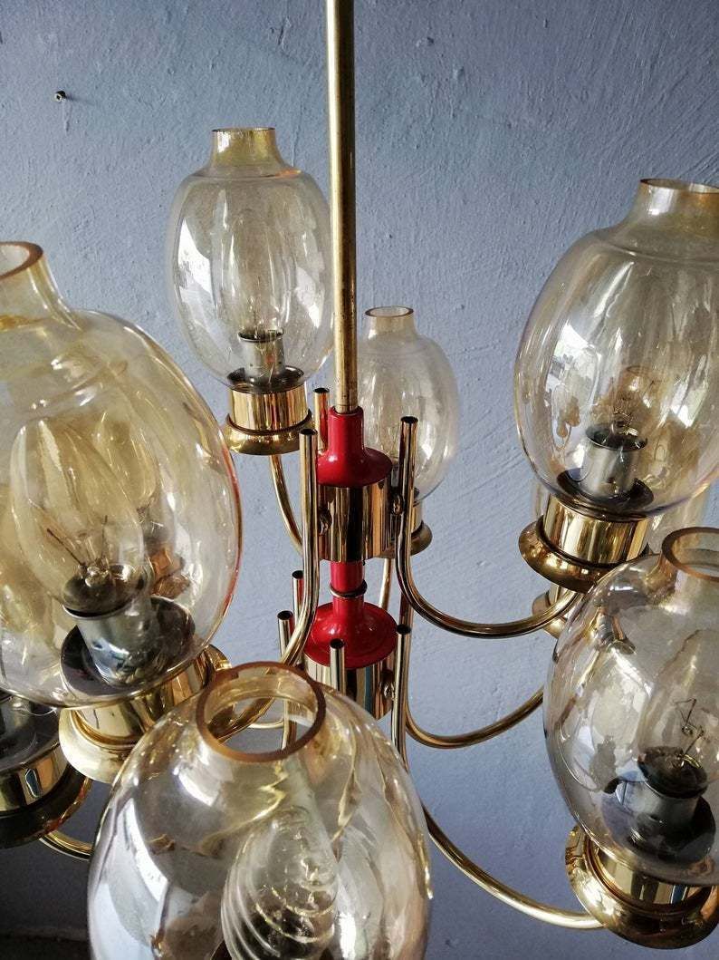 Magnificent Full Brass Body 9 Armed Chandelier   Glass Lampshades   Red Plastic Details   Mid Century Modern   Germany photo for sale