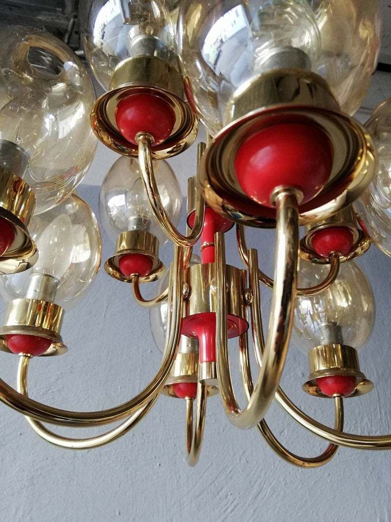 Magnificent Full Brass Body 9 Armed Chandelier   Glass Lampshades   Red Plastic Details   Mid Century Modern   Germany photo 378.2