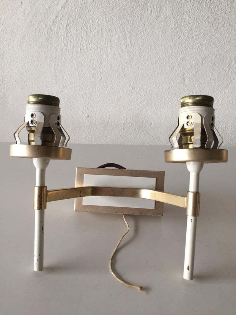 photo furniture Mid Century Pair Of Very Elegant Crystal Glass & Gold White Metal Sconces   1950s Germany