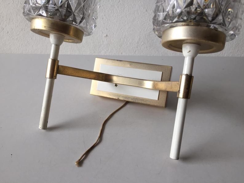 photo for sale Mid Century Pair Of Very Elegant Crystal Glass & Gold White Metal Sconces   1950s Germany