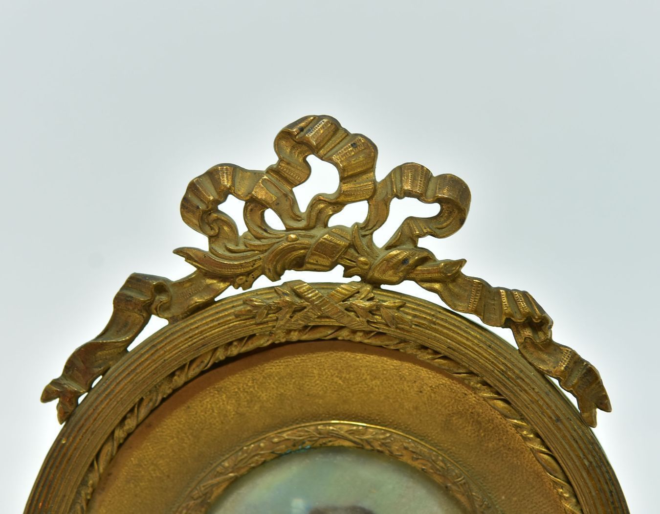 Miniature Portrait In Medallion Young Girl With Brown Curls Gilt Bronze Frame With Ribbons photo furniture