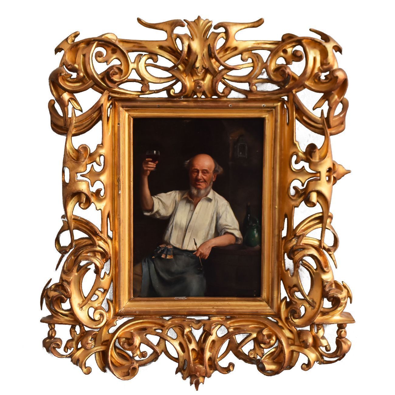 Portrait Of A Nineteenth Century French School Man In A Beautiful Openwork Frame In Gilded Wood.