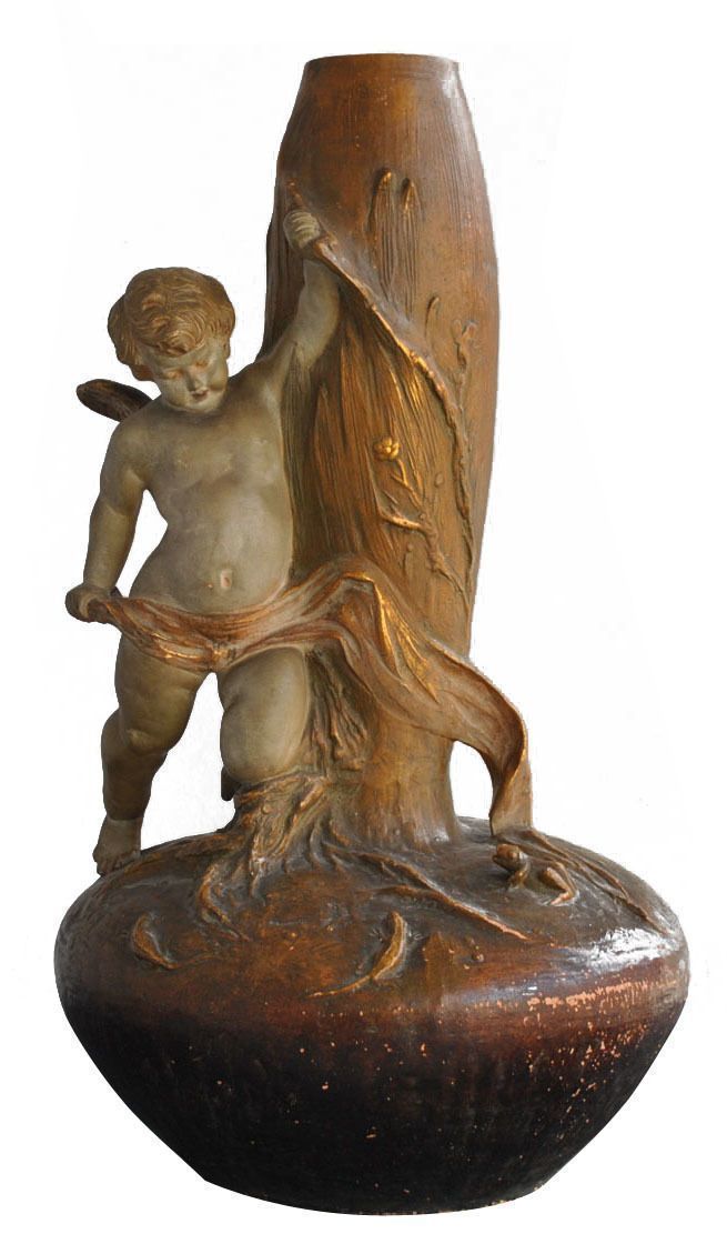 1900 Art Nouveau Terracotta Vase With Cherub Signed Lauwers