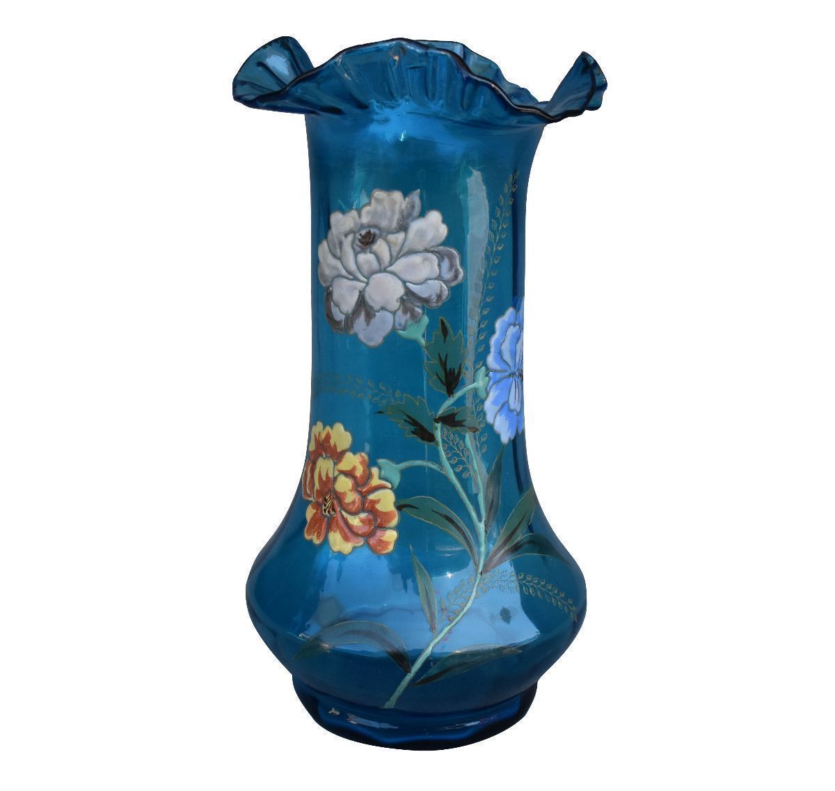 Vase With Ruffle In Enamelled Glass With Dahlia Around 1900 Art Nouveau