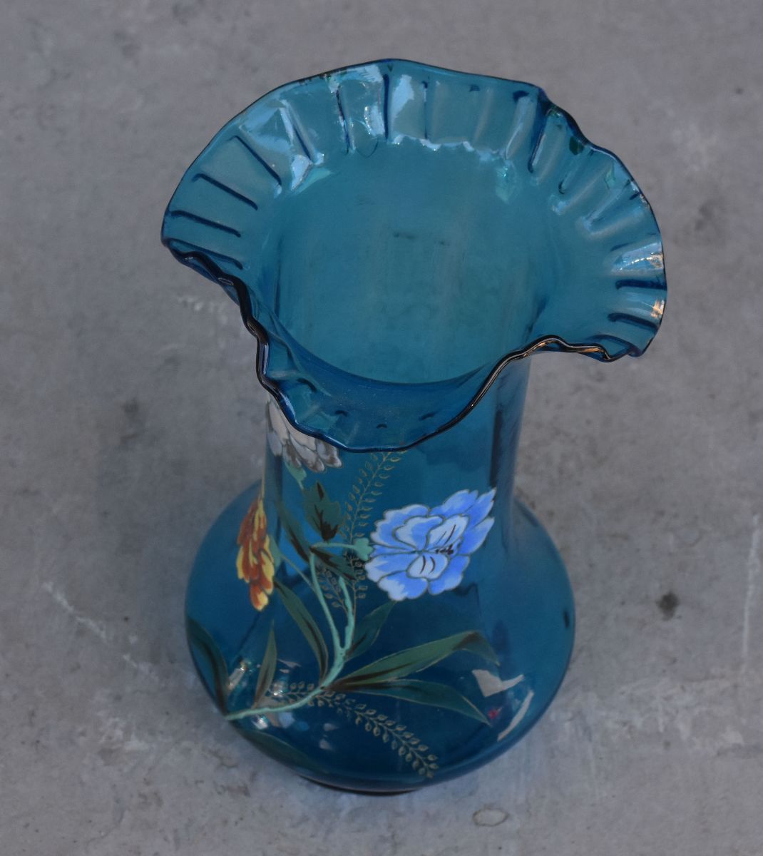Vase With Ruffle In Enamelled Glass With Dahlia Around 1900 Art Nouveau photo for sale