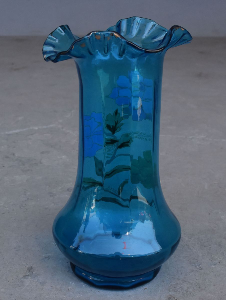 Vase With Ruffle In Enamelled Glass With Dahlia Around 1900 Art Nouveau photo Home Decor