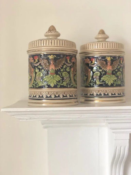 Pair Of Early 1900s German Ceramic Tobacco Jar Pots photo furniture