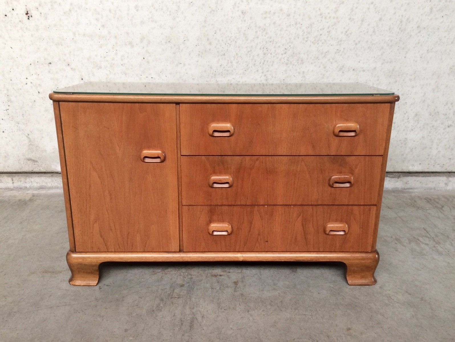 Midcentury Modern Design Maple Sideboard W Glass Top 1950s