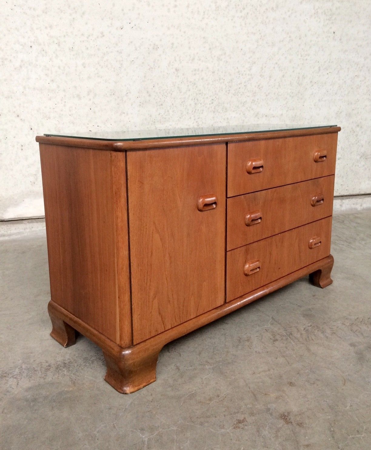 Midcentury Modern Design Maple Sideboard W Glass Top 1950s photo vinterior
