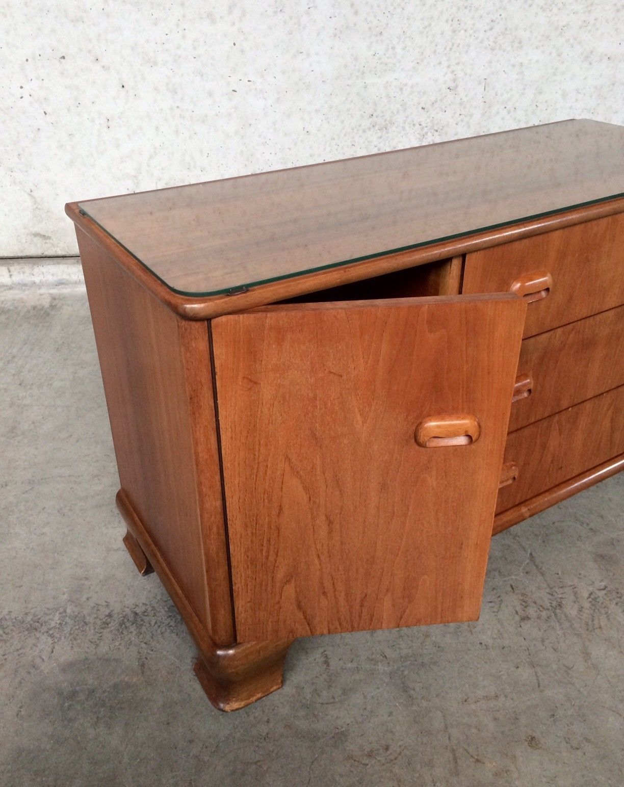 Midcentury Modern Design Maple Sideboard W Glass Top 1950s photo vintage