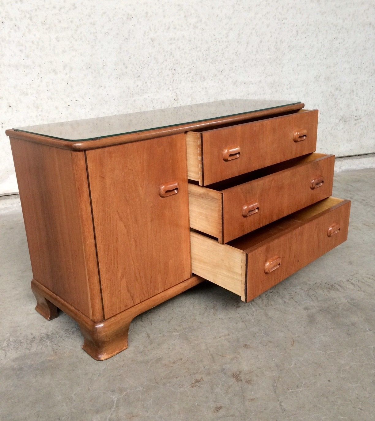 photo furniture Midcentury Modern Design Maple Sideboard W Glass Top 1950s