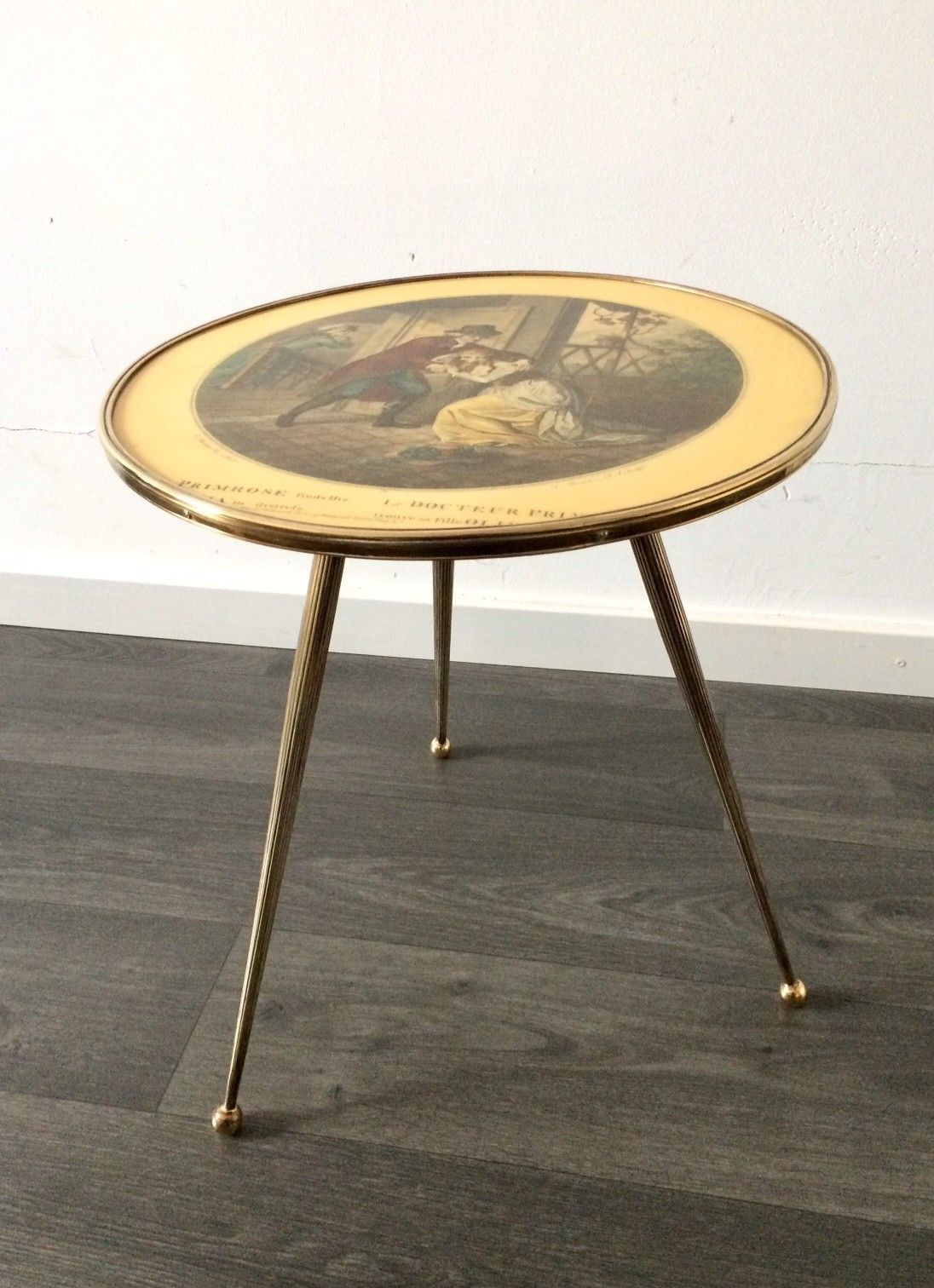 Italian Design Brass Tripod Side Table W Printed Top 1950s photo furniture