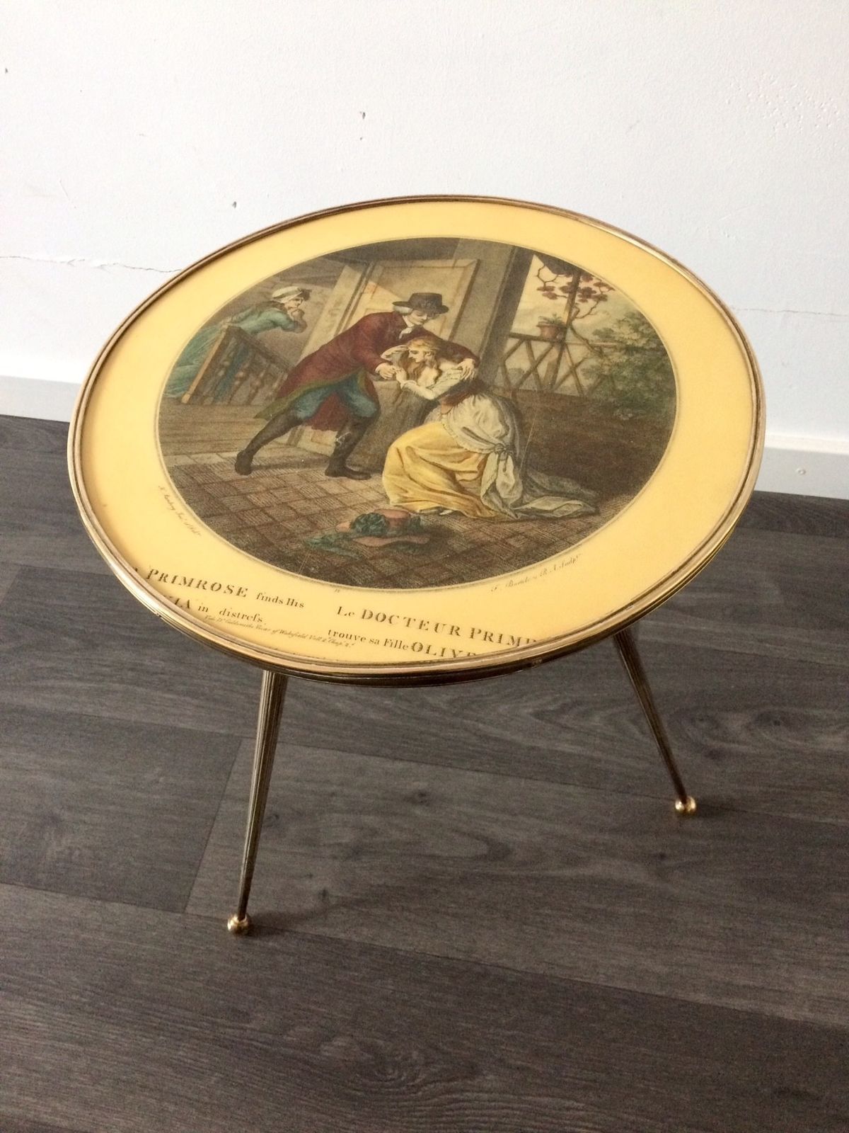 Italian Design Brass Tripod Side Table W Printed Top 1950s photo vinterior